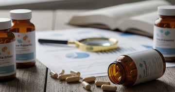 Assortment of prostate supplement bottles and capsules with research papers, highlighting the scrutiny of prostate supplement ingredients.