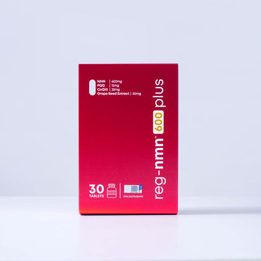 NMN supplement product box and bottle displayed on a minimalist podium, featuring a longevity formula with NMN, PQQ, CoQ10, and grape seed extract to support healthy aging, cellular energy, and overall vitality.