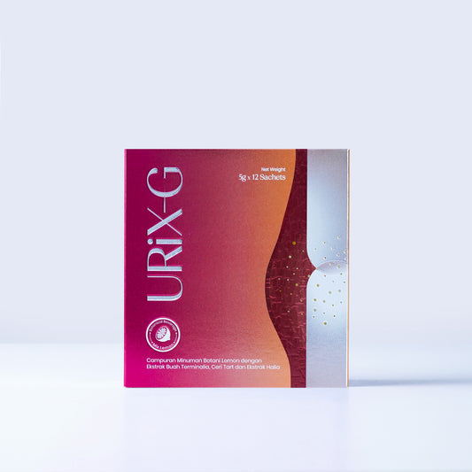 Uric acid supplement sachet and product box displayed on an orange background, featuring a botanical drink formula designed to support healthy uric acid levels, joint comfort, and daily wellness.